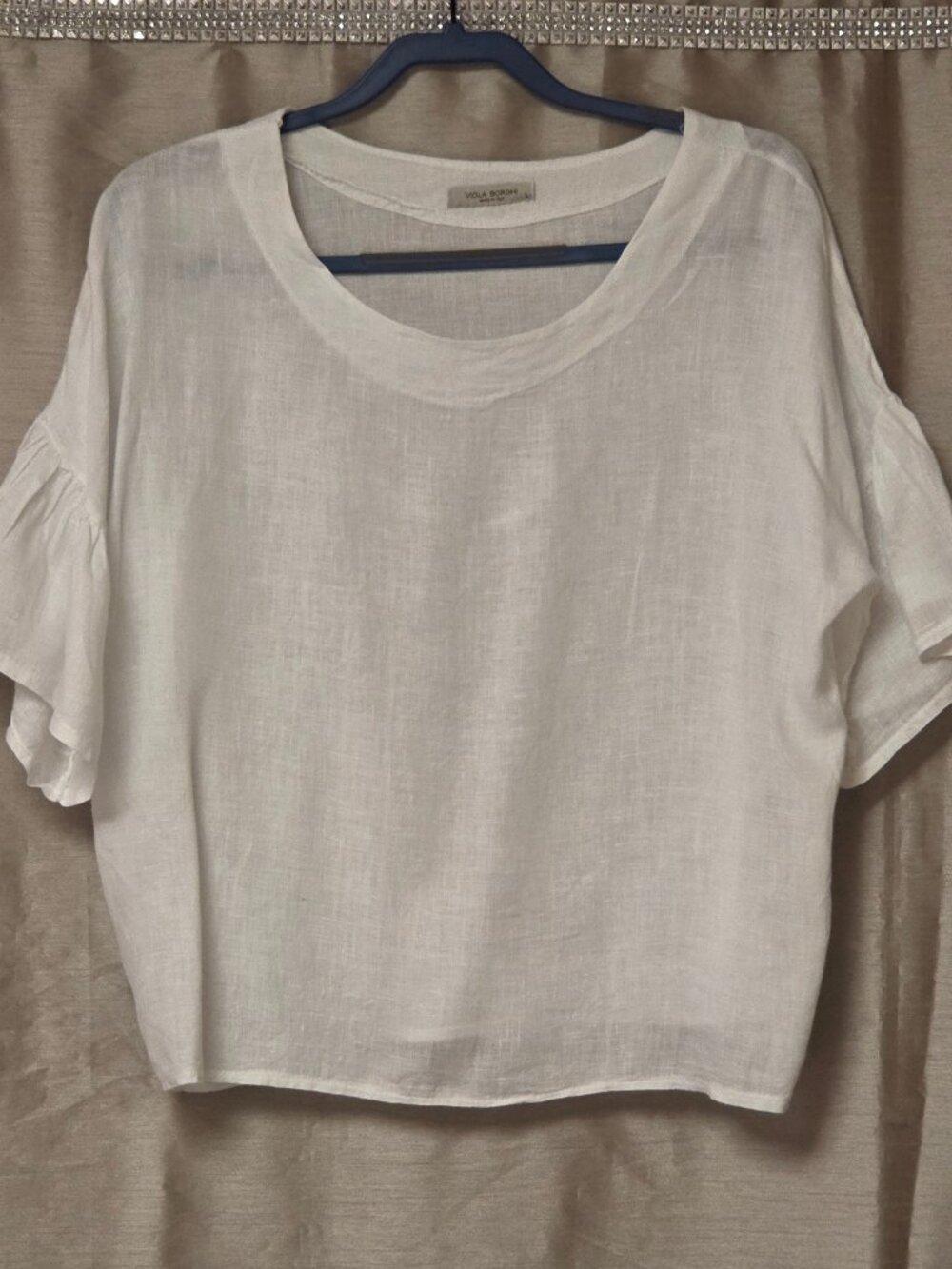 Viola Borghi Shirt Size L White 100% Linen Top Flutter Sleeve Lagenlook Boxy Fit